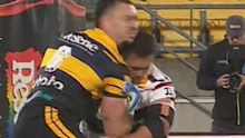 Highlanders prop Daniel Lienert-Brown is sent off for a brutal head clash with Hurricanes flanker Devan Flanders.