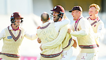 Jack Leach of Somerset celebrates the wicket of Dan Worrall of Surrey with team mates to win the match during Day Four of the Vitality County Championship Division One match between Somerset and Surrey at The Cooper Associates County Ground on September 12, 2024 in Taunton, England. (Photo by Harry Trump/Getty Images)