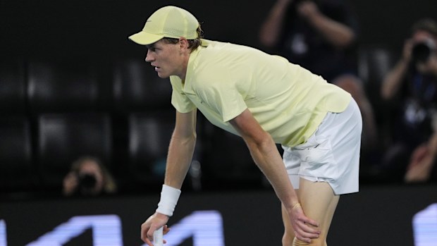 Jannik Sinner of Italy reacts during his semifinal match against Ben Shelton of the U.S. at the Australian Open tennis championship in Melbourne, Australia, Friday, Jan. 24, 2025. (AP Photo/Vincent Thian)