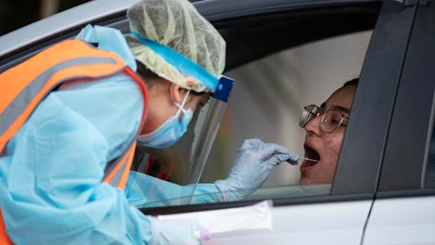 A drive through Coronavirus testing clinic at the Crossroads Hotel in Casula, Sydney.
