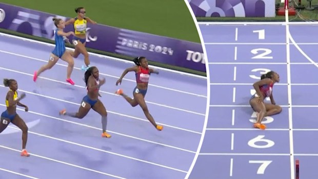 Brazil's Lisbeli Marina Vera Andrade was leading the T47 sprint but fell metres from the finish line.