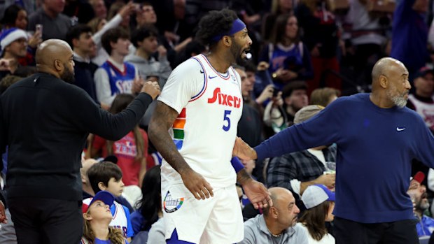 Andre Drummond #5 of the Philadelphia 76ers argues the call after being ejected from the game.