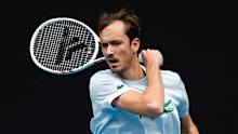 Daniil Medvedev of Russia plays a forehand during a practice session ahead of the 2025 Australian Open.
