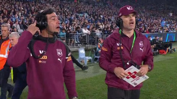 Maroons assistant coaches Johnathan Thurston and Nate Myles.