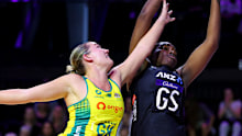 Grace Nweke of New Zealand and Courtney Bruce of Australia compete for the ball.