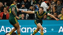 MELBOURNE, AUSTRALIA - OCTOBER 28: Cameron Murray of Australia (R) celebrates scoring a try during the Men's pacific Championship match between Australia Kangaroos and New Zealand Kiwis at AAMI Park on October 28, 2023 in Melbourne, Australia. (Photo by Daniel Pockett/Getty Images)
