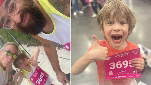 Six-year-old completes marathon with parents. 
