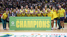 Australia celebrate winning game three of the international series.