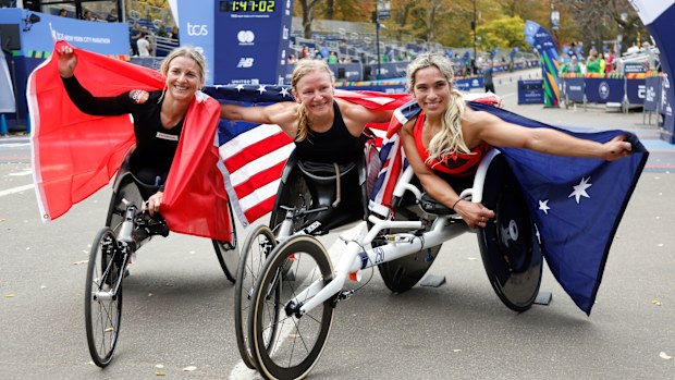 Madison de Rozario (L) completes the New York City Marathon.