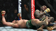 Dricus Du Plessis of South Africa celebrates winning his fight against Israel Adesanya of Nigeria by submission.