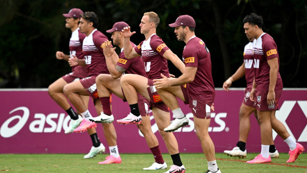 Daly Cherry-Evans and Ben Hunt during Maroons training.