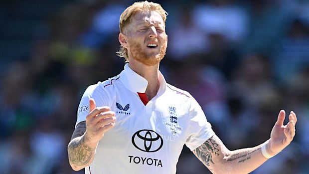 England captain Ben Stokes reacts as Josh Inglis of Australia scores runs.