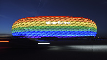 Munich's stadium illuminated in rainbow colours for Christopher Street Day in 2016. (Tobias Hase/dpa via AP)