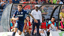 Then Bulls coach Dwight Yorke looks on during the round seven A-League Men's match between Macarthur FC and Melbourne Victory. 