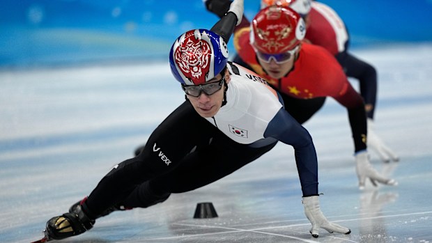 Hwang Dae-heon of South Korea, races in his quarterfinal of the men's 1,000m.