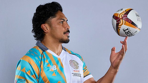 Pete Samu poses during a First Nations & Pasifika squad headshots session at Voco Hotel.