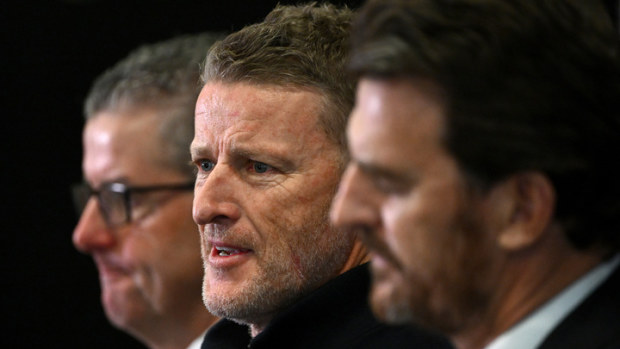 Richmond President John O'Rourke, Damien Hardwick the coach of the Tigers and CEO Brendon Gale speak to the media during a Richmond Tigers AFL press conference at Punt Road Oval on May 23, 2023 in Melbourne, Australia. 