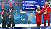 dpatop - 10 March 2026, Italy, Tesero: Linn Kazmaier (l) and guide Florian Baumann (2nd from left) from Germany stand next to Anastasiia Bagajan (2nd from right) with guide Sergei Sinijakin (r) from Russia during the award ceremony at the Paralympics in Para cross-country skiing at the Tesero Cross-Country Skiing Stadium. The XIV Winter Paralympics will take place from March 6 to 15, 2026. Photo: Martin Schutt/dpa (Photo by Martin Schutt/picture alliance via Getty Images)