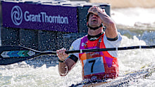 Lucien Delfour of Australia reacts after competing in the Men's Kayak Final.