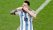 Lionel Messi blows a kiss to fans after Argentina's third goal. 