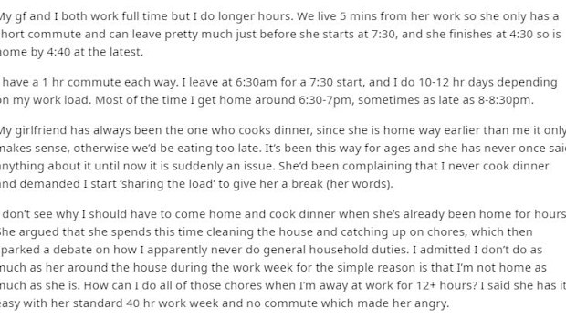 Man complains girlfriend 'doesn't cook'