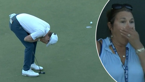 Ben Griffin and his mother Erica react to the putt that cost him a $2.32m winner's cheque.