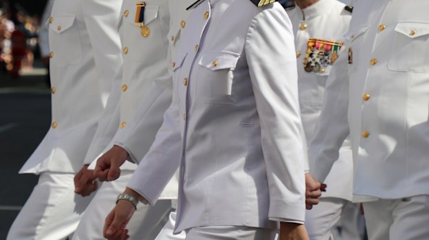 Australian Royal Navy members march in the ANZAC parade.