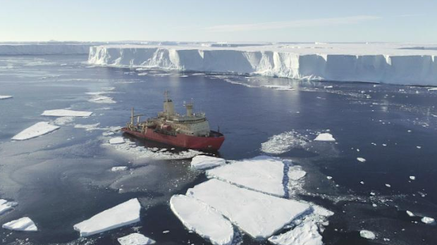 The US research ship at the ice front, in a photo captured from a drone.