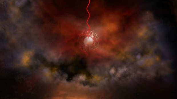 This is an artist's concept of a neutron star with an ultrastrong magnetic field, called a magnetar, emitting radio waves (in red).