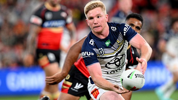 Tom Dearden of the Cowboys shapes to pass during the round 26 match against the Dolphins. 
