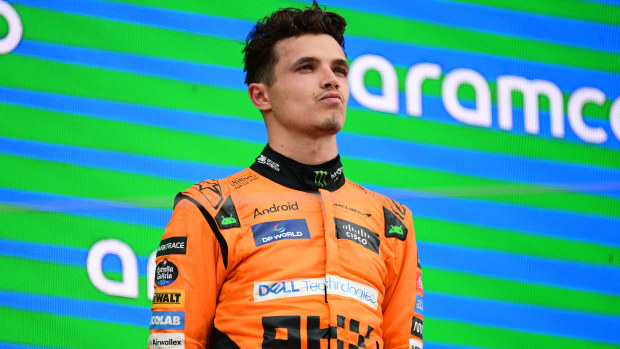Lando Norris and the McLaren F1 Team are celebrating after securing 2nd place in the race of the Spanish GP, the 10th round of the Formula 1 World Championship 2024, in Circuit de Catalunya, Montemelo, Catalunya, Spain, on June 23, 2023. (Photo by Andrea Diodato/NurPhoto via Getty Images)