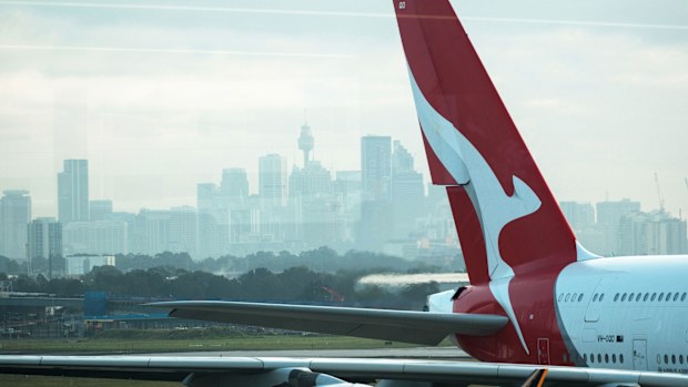 A Qantas plane on the tarmac at Sydney Airport.