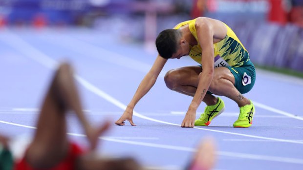 Matthew Clarke reacts during the Men's 3000m Steeplechase heat.
