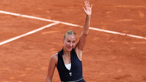 Anastasia Potapova of Austria acknowledges the crowd after victory against Coco Gauff of United States.