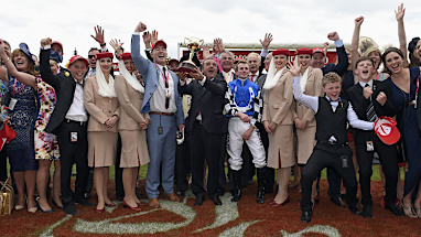 Connections of Protectionist celebrate the win. (AAP)