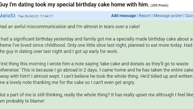 The birthday girl has shared her distress on Mumsnet.