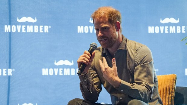 Prince Harry, the Duke of Sussex, takes part in a Q&A session during a visit to Movember at the Western Bulldogs HQ at Mission Whitten Oval in Footscray, a suburb of Melbourne, Australia Wednesday, April 15, 2026. (Jonathan Brady/Pool Photo via AP)
