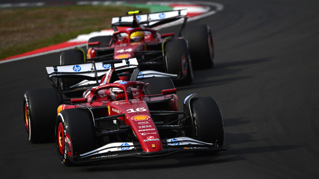 Charles Leclerc of Monaco driving the (16) Scuderia Ferrari SF-25 leads Lewis Hamilton of Great Britain driving the (44) Scuderia Ferrari SF-25 on track during the F1 Grand Prix of China at Shanghai International Circuit on March 23, 2025 in Shanghai, China. (Photo by Rudy Carezzevoli/Getty Images)