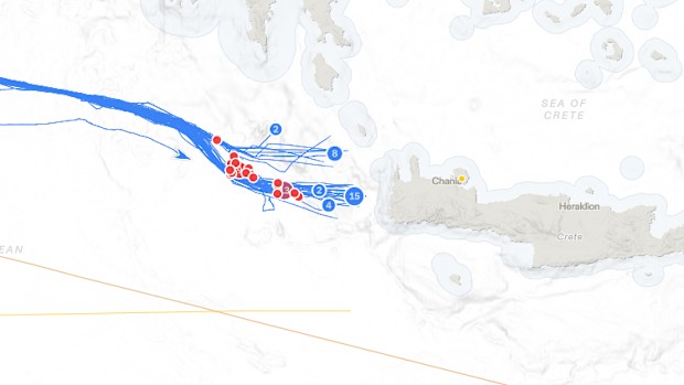 The flotilla off the coast of Greece on a live tracker. The red dots are ships that have allegedly been intercepted.