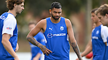 MELBOURNE, AUSTRALIA - MARCH 18: Tarryn Thomas of the Kangaroos warms up ahead of the VFL Practice Match between North Melbourne and Williamstown at Arden Street Ground on March 18, 2023 in Melbourne, Australia. (Photo by Morgan Hancock/Getty Images)