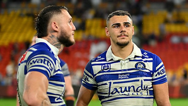 Jacob Kiraz of the Bulldogs reacts after his team's defeat to the Broncos.