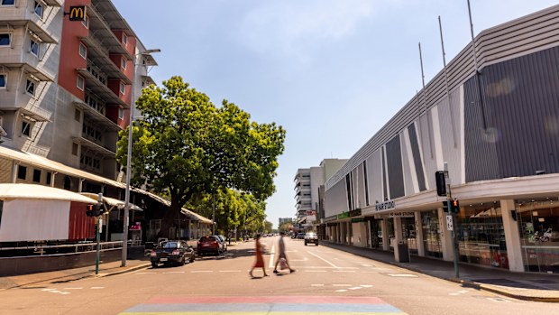 People walk along Mitchell Street during lockdown in Darwin, NT.
