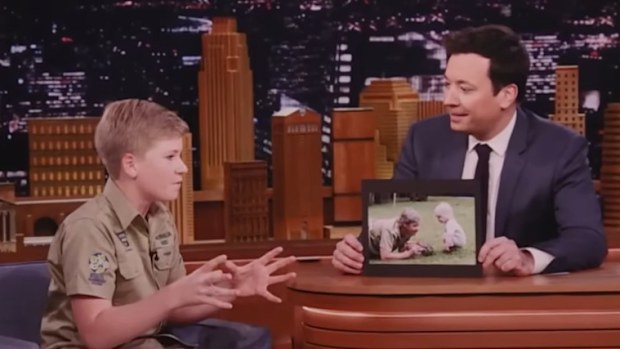 A flashback of a then 13-year-old Robert Irwin appearing on The Tonight Show Starring Jimmy Fallon.