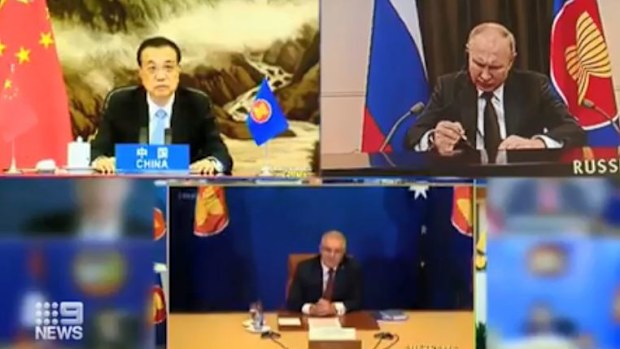 Prime Minister Scott Morrison (centre) with leaders of China and Russia.