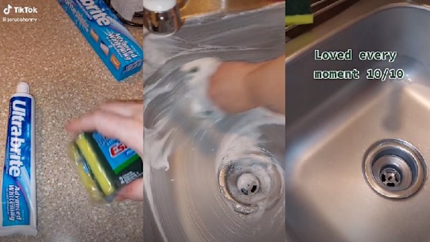 Toothpaste used as a cleaning solution for a sink.