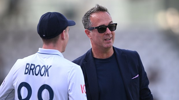 LONDON, ENGLAND - SEPTEMBER 01: England player Harry Brook talks with former captain and media personality Michael Vaughan after day four of the 2nd Test match between England and Sri Lanka  at Lord's Cricket Ground on September 1st at Lord's Cricket Ground on September 1st, 2024 in London, England  (Photo by Stu Forster/Getty Images)