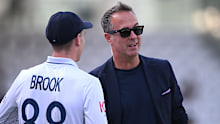 LONDON, ENGLAND - SEPTEMBER 01: England player Harry Brook talks with former captain and media personality Michael Vaughan after day four of the 2nd Test match between England and Sri Lanka  at Lord's Cricket Ground on September 1st at Lord's Cricket Ground on September 1st, 2024 in London, England  (Photo by Stu Forster/Getty Images)