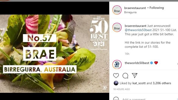 Brae announced as 57 on World's Best Restaurants list 2021