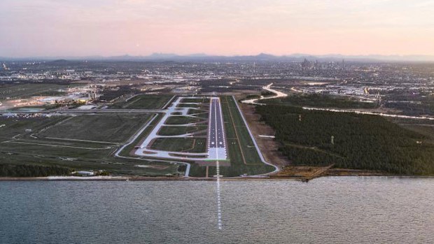 Brisbane Airport runway and a view over Moreton Bay. 