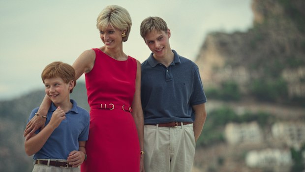 Elizabeth Debicki as Diana in The Crown Season 6 with Rufus Kampa as Prince William in Pt1 and Fflyn Edwards as Prince Harry in Pt1